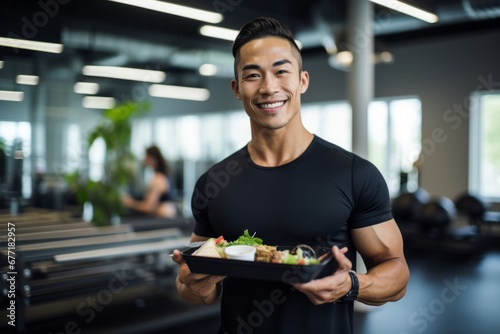 Male sports nutritionist holding a healthy meal box in a gym setting.