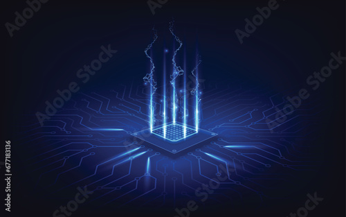 Abstract technology chip processor background circuit board and html code,3D illustration blue technology background vector.