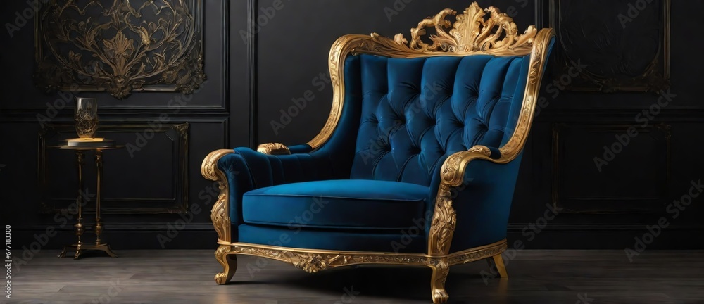 Fototapeta premium Blue and gold luxury armchair on plain black background from Generative AI