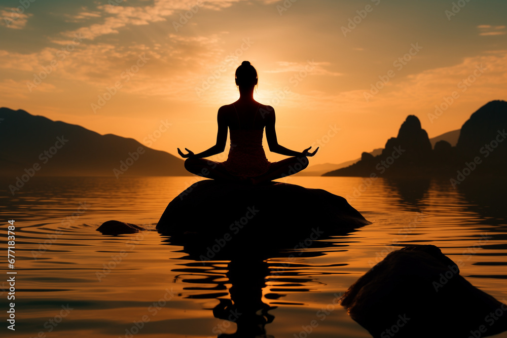 Silhouette of a woman practicing yoga on a rock by lake at sunset