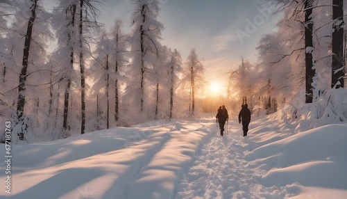 People hiking in snowy mountains during winter season. Sunset, winter season