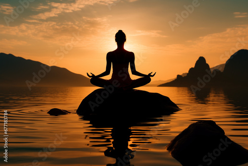 Silhouette of a woman practicing yoga on a rock by lake at sunset