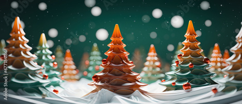 Whimsical 3D Christmas scene with candles trees.