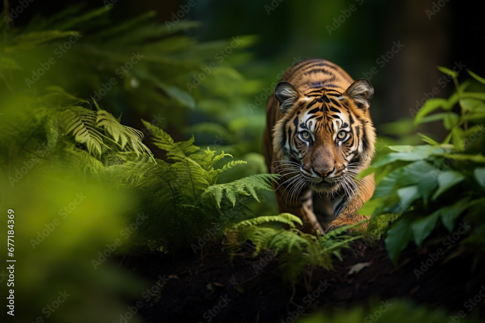 Tiger looking at the camera in deep tropical forest - a symbol of International Tiger Day