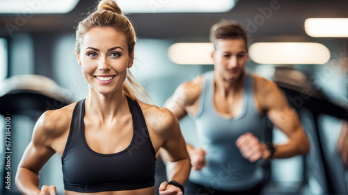 Beautiful woman who is working out at the gym, running on the treadmill, dumbbells, and doing fitness exercises. have a good body and good health. healthy Health and muscle care concept. © DJSPIDA FOTO