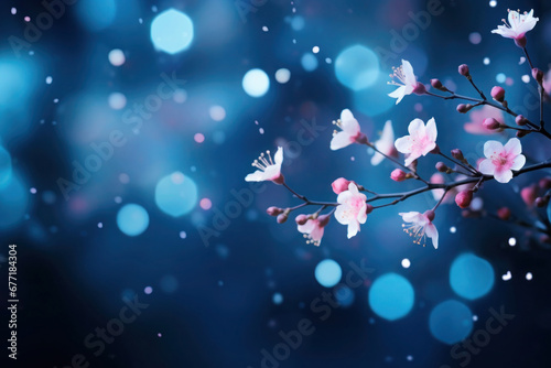 Pink Sakura flowers on blue background with bokeh represents the National Flower Day