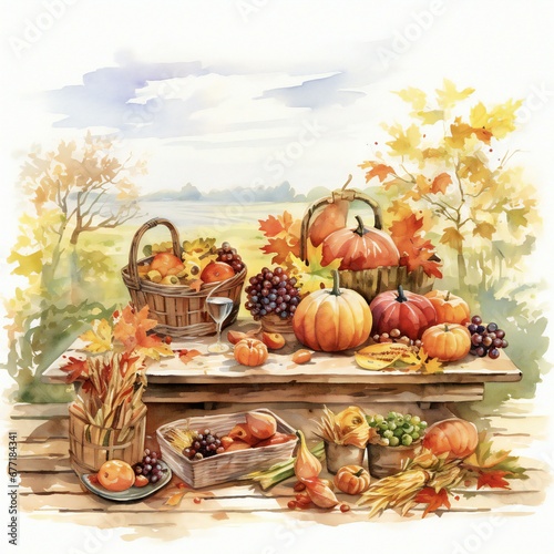 watercolor illustration of autumnal fruits and vegetables