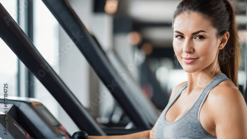 Beautiful woman who is working out at the gym, running on the treadmill, dumbbells, and doing fitness exercises. have a good body and good health. healthy Health and muscle care concept.