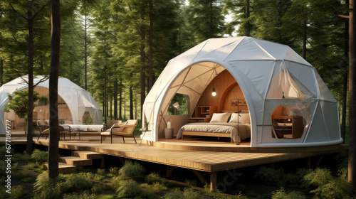 Bell tent with transparent window in a forest camp
