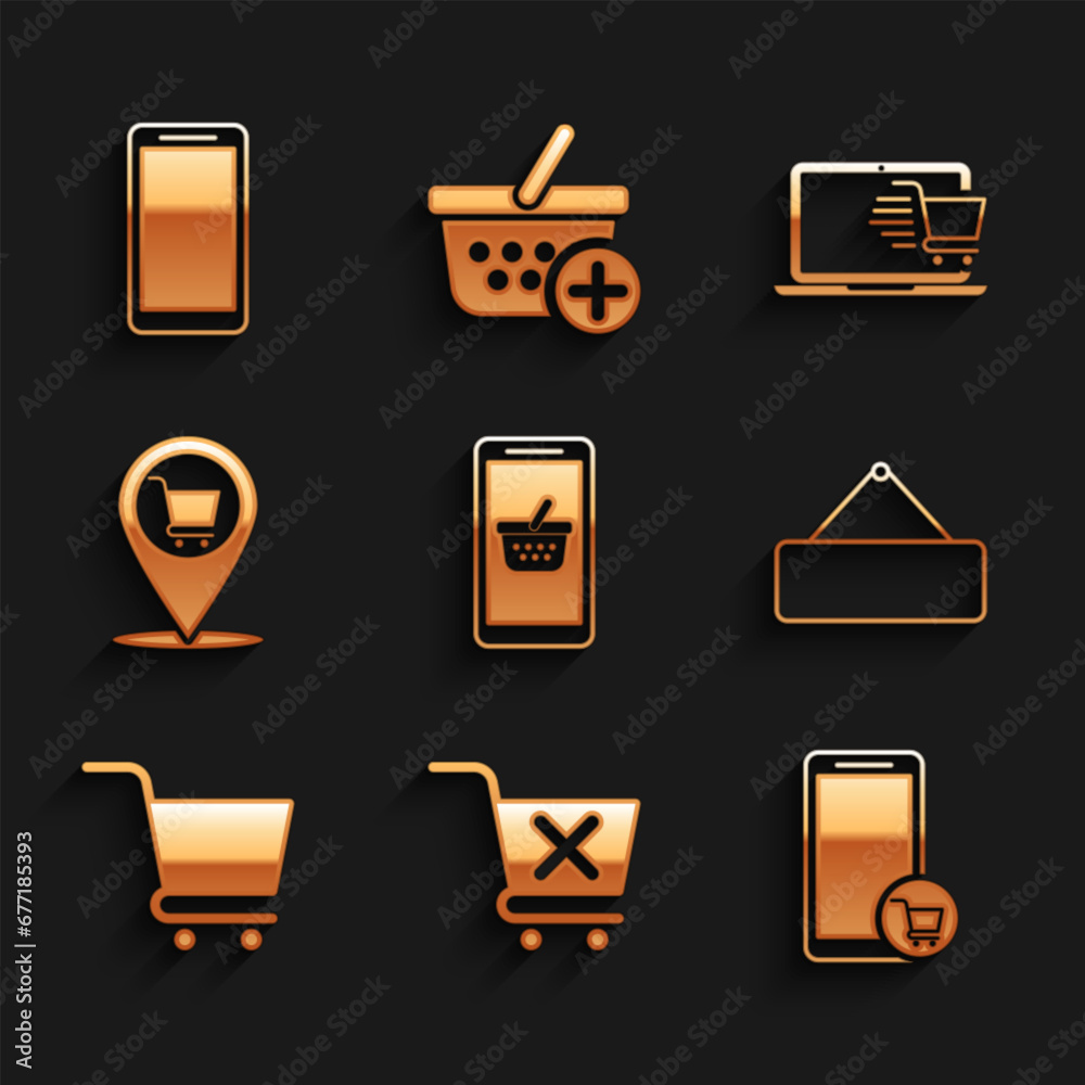 Set Mobile and shopping basket, Remove cart, Signboard hanging, Shopping, Location, laptop and Smartphone, mobile phone icon. Vector Set Mobile and shopping basket, Remove cart, Signboard hanging, Shopping, Location, laptop and Smartphone, mobile phone icon. Vector