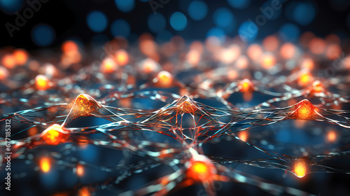This is a digital representation of a neural network, with nodes glowing like neurons firing across synapses. The intricate interconnectivity suggests complex data processing or brain activity.