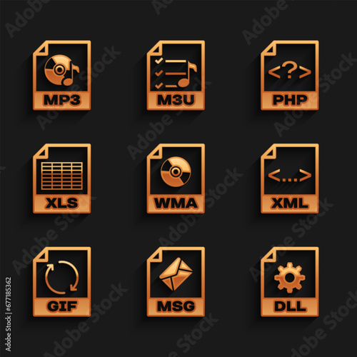 Set WMA file document, MSG, DLL, XML, GIF and XLS icon. Vector