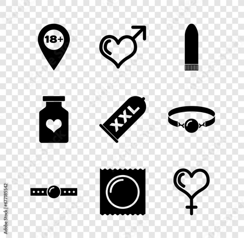 Set Location with 18 plus, Male gender and heart, Dildo vibrator, Silicone ball gag, Condom in package, Female, Bottle pills for potency and safe sex icon. Vector