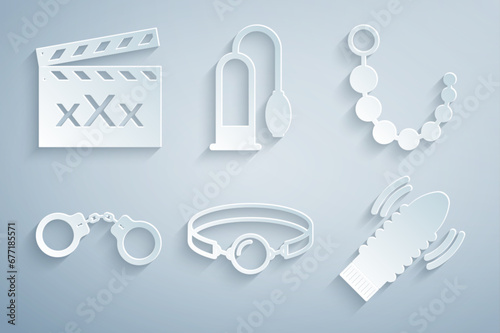 Set Silicone ball gag, Anal beads, Handcuffs, Dildo vibrator for sex games, Penis pump and Movie clapper with Sex icon. Vector