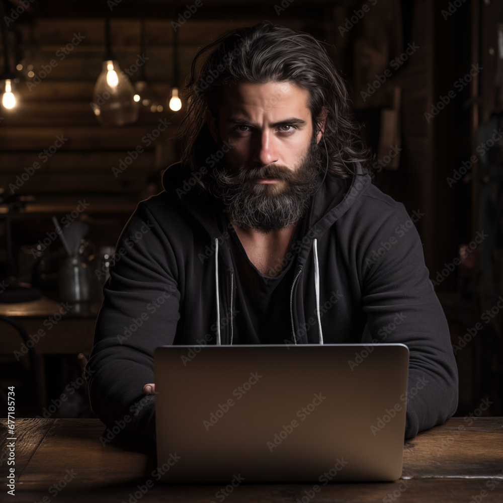 beard person with laptop facing camera beard person with laptop facing camera