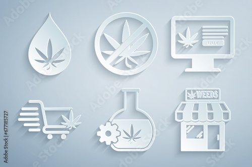 Set Test tube with marijuana, Online buying, Shopping cart, Marijuana and cannabis store, Stop and leaf oil icon. Vector © vector_v