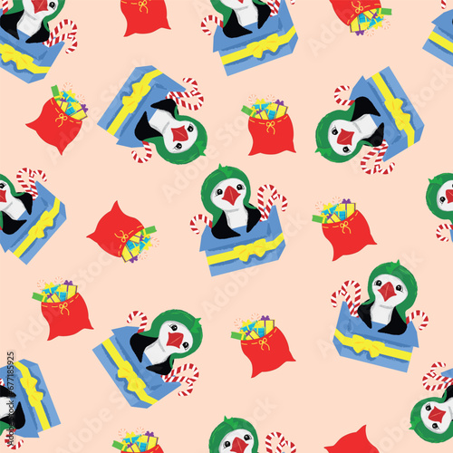 Seamless background with New Year theme. Puffin bird and Christmas gifts. Hand drawn. New Year's pattern. Vector.Winter and Christmas elements on a dark background. Gift wrap.