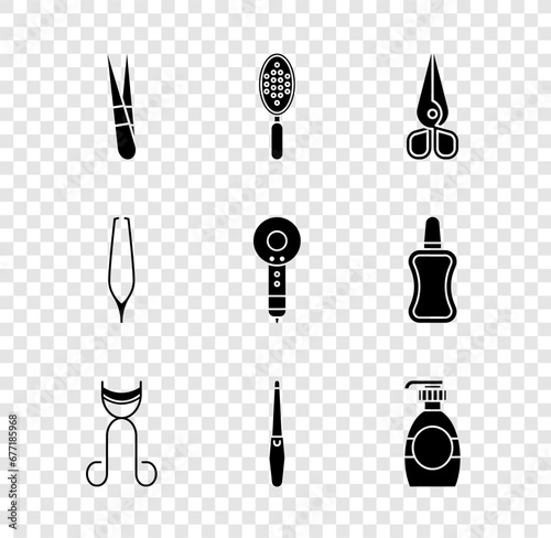 Set Eyebrow tweezers, Hairbrush, Scissors, Eyelash curler, Nail file, Bottle of liquid soap, and dryer icon. Vector