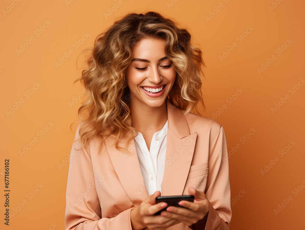Cheerful blonde woman with wavy hair holding her smartphone on a pastel background. Generative AI. Cheerful blonde woman with wavy hair holding her smartphone on a pastel background. Generative AI.