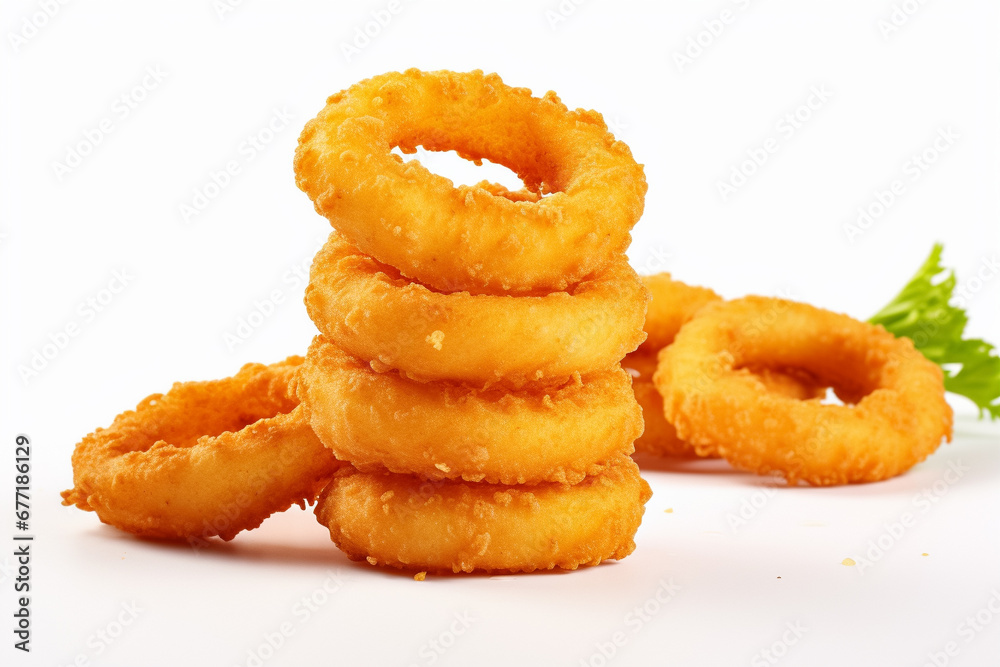 Onion rings on white background. Generative AI. Onion rings on white background. Generative AI.