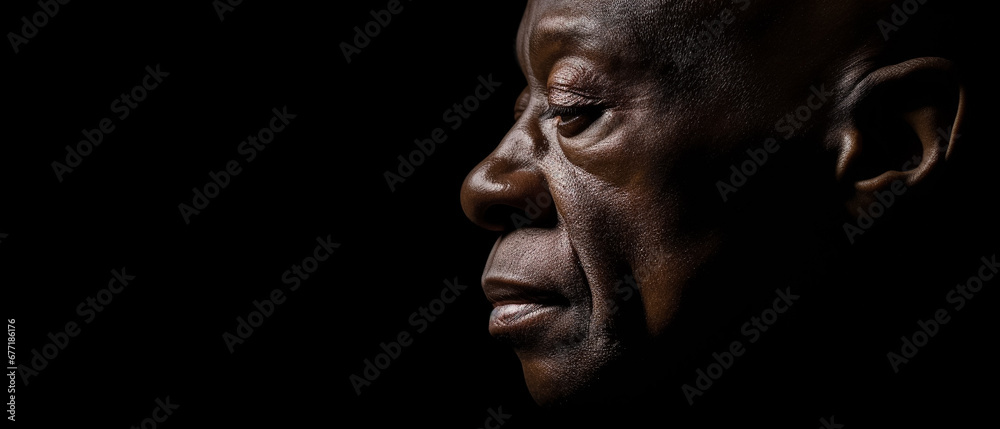 The face of a black man in profile on a black background. Panoramic photo. Generative AI. The face of a black man in profile on a black background. Panoramic photo. Generative AI.