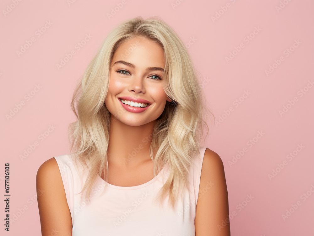 Fototapeta premium Studio portrait of a beautiful young blond woman smiling on a pastel background. Generative AI.