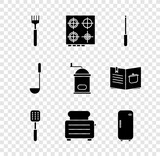 Set Fork, Gas stove, Knife sharpener, Spatula, Toaster with toasts, Refrigerator, Kitchen ladle and Manual coffee grinder icon. Vector