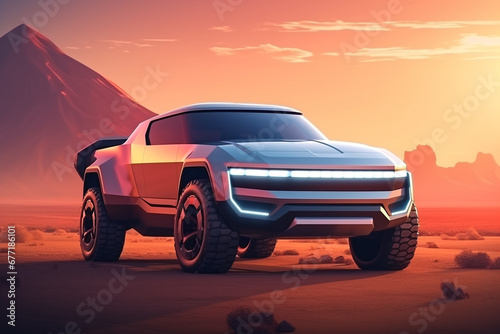 A futuristic car in a desert landscape. Generative AI.