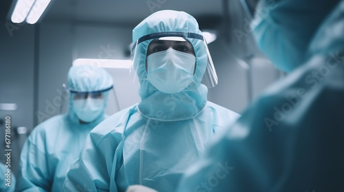 Group of surgeons at work in operating theater toned in blue.