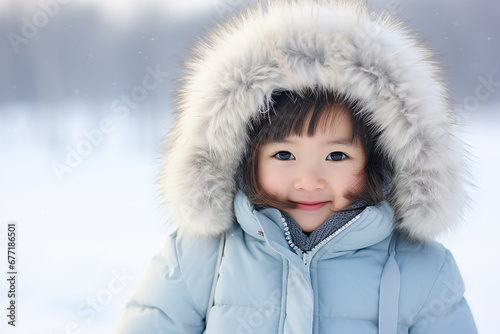 Happy girl in warm clothes in winter outdoors, close-up portrait