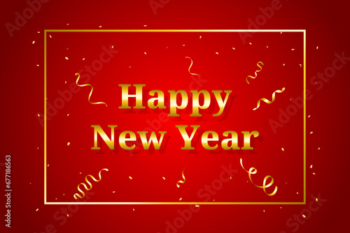 Happy New Year Lettering Text, Celebration Background With Many Falling Golden Tiny Confetti. Chinese New Year. Vector