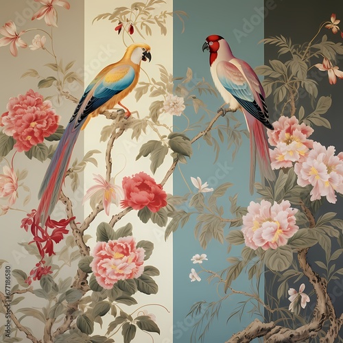 Chinoiserie wall art with flower and bird  super detailed ultra luxury painting style © Wipada