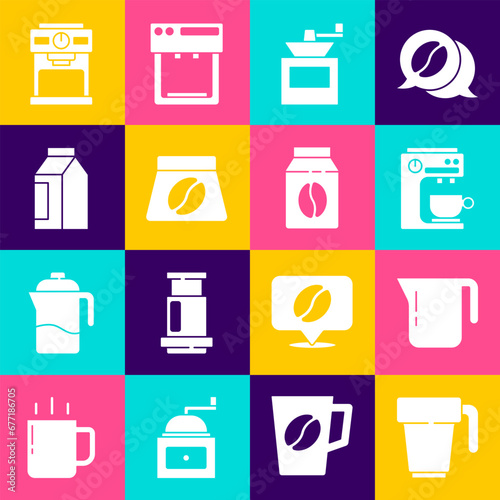Set Coffee cup, pot, machine, Manual coffee grinder, Bag beans, and icon. Vector