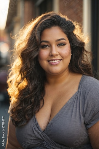 Close-up portrait of a beautiful smiling plus size female model on the street