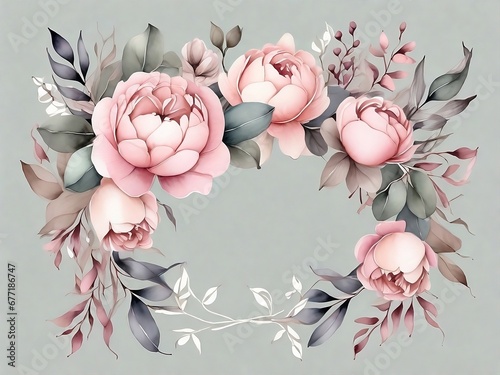 Watercolor floral illustration. Bouquet of pink flowers and eucalyptus greenery. Generative Al