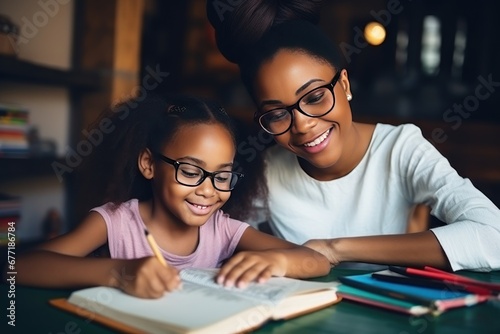 Mom helps daughter do homework sitting at table writing in notebook right answer. African American mom in cozy modern apartment helps daughter with lessons. photo
