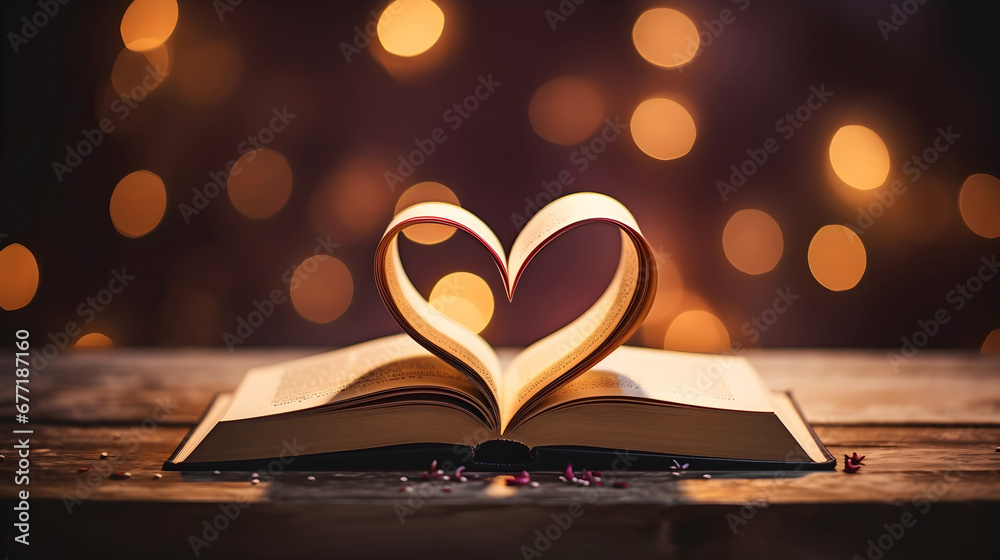 The Book of Love; An open book with pages folded into the shape of a heart; Valentine's Day theme - obrazy, fototapety, plakaty 