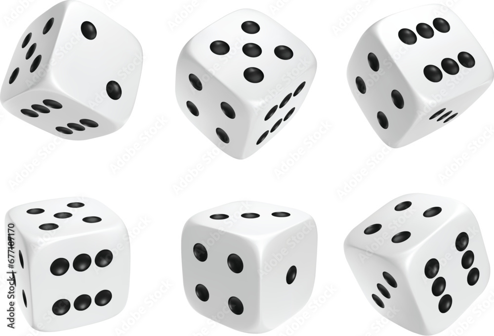 White photorealistic 3d cube for games. Dice icon in flight closeup isolated on white background. Vector illustration. White photorealistic 3d cube for games. Dice icon in flight closeup isolated on white background. Vector illustration.