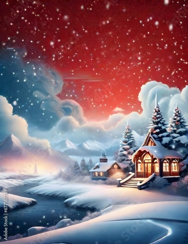 Christmas Winter Wonderland Design Background, snow-covered mountains, where nature's ethereal display meets the serene winter landscape, generative AI