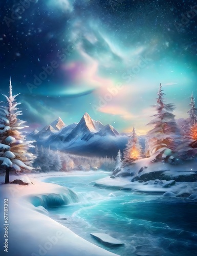 Christmas Winter Wonderland Design Background, Polar lights, snow-covered mountains, where nature's ethereal display meets the serene winter landscape, Wallpaper, Generative ai