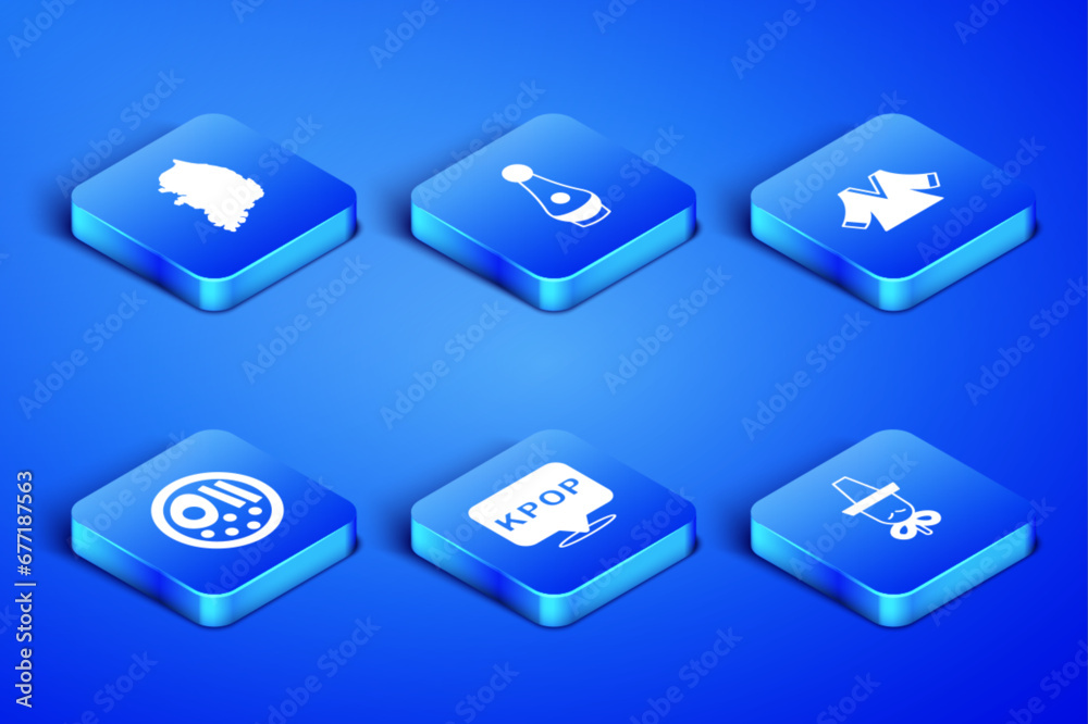 Set Korean hat, South map, K-pop, Ramen, Soju bottle and Kimono icon. Vector Set Korean hat, South map, K-pop, Ramen, Soju bottle and Kimono icon. Vector
