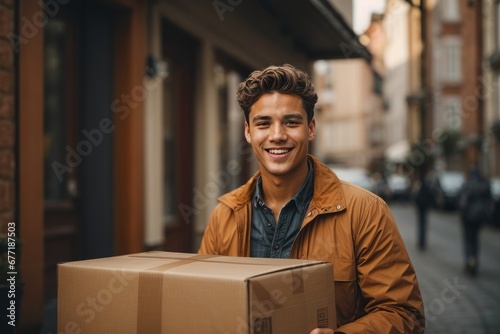 A handsome young guy, a man delivers a package box to the customer's home. A man smiles and looks at the camera against the background of a city street