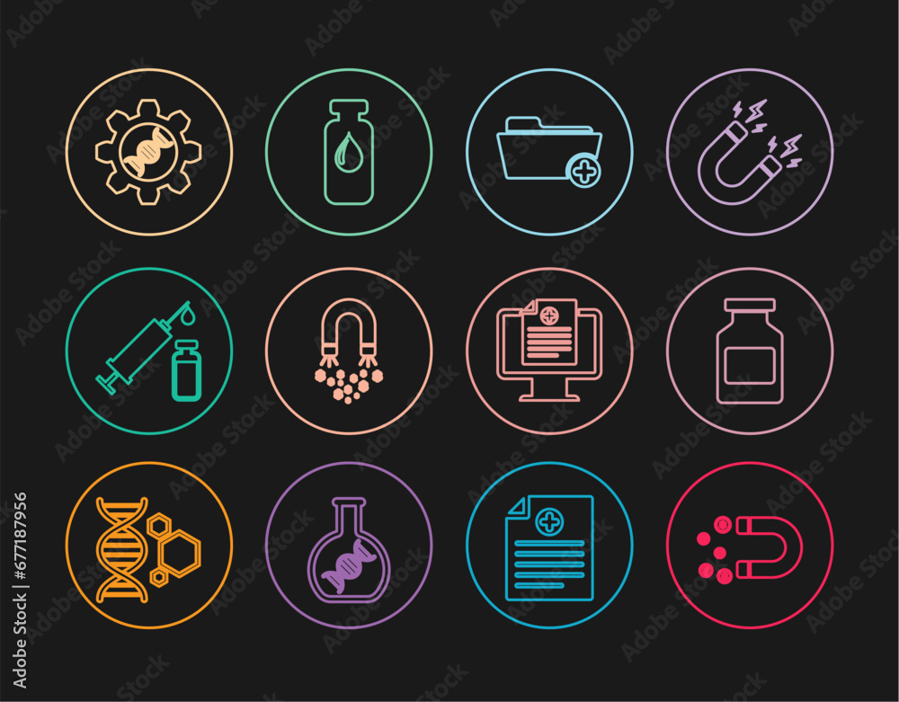 Set line Magnet with money, Medicine bottle, Health record folder, Medical syringe and vial, Genetic engineering, Clinical monitor and ampoule icon. Vector Set line Magnet with money, Medicine bottle, Health record folder, Medical syringe and vial, Genetic engineering, Clinical monitor and ampoule icon. Vector
