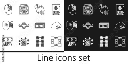 Set line Blockchain technology, Cryptocurrency cloud mining, exchange, Shield with bitcoin, Brain as digital circuit board, and ASIC Miner icon. Vector