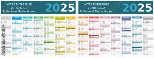 Calendrier 2025 14 mois au format 320 x 420 mm recto verso entièrement modifiable via calques et texte sans serif
