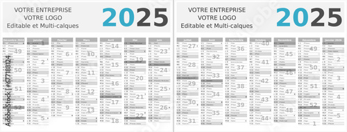 Calendrier 2025 14 mois au format 320 x 420 mm recto verso entièrement modifiable via calques et texte sans serif