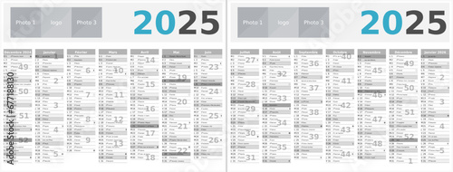 Calendrier 2025 14 mois au format 320 x 420 mm recto verso entièrement modifiable via calques et texte sans serif