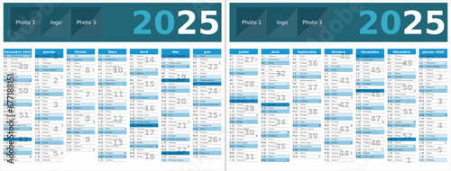 Calendrier 2025 14 mois au format 320 x 420 mm recto verso entièrement modifiable via calques et texte sans serif