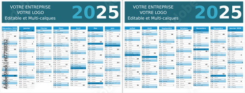 Calendrier 2025 14 mois au format 320 x 420 mm recto verso entièrement modifiable via calques et texte sans serif