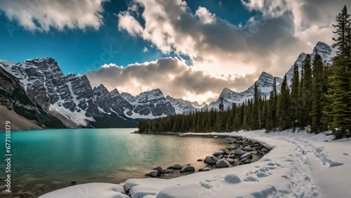 Time lapse of sparkle turquoise blue water, snow-covered Valley of the Ten Peaks photo